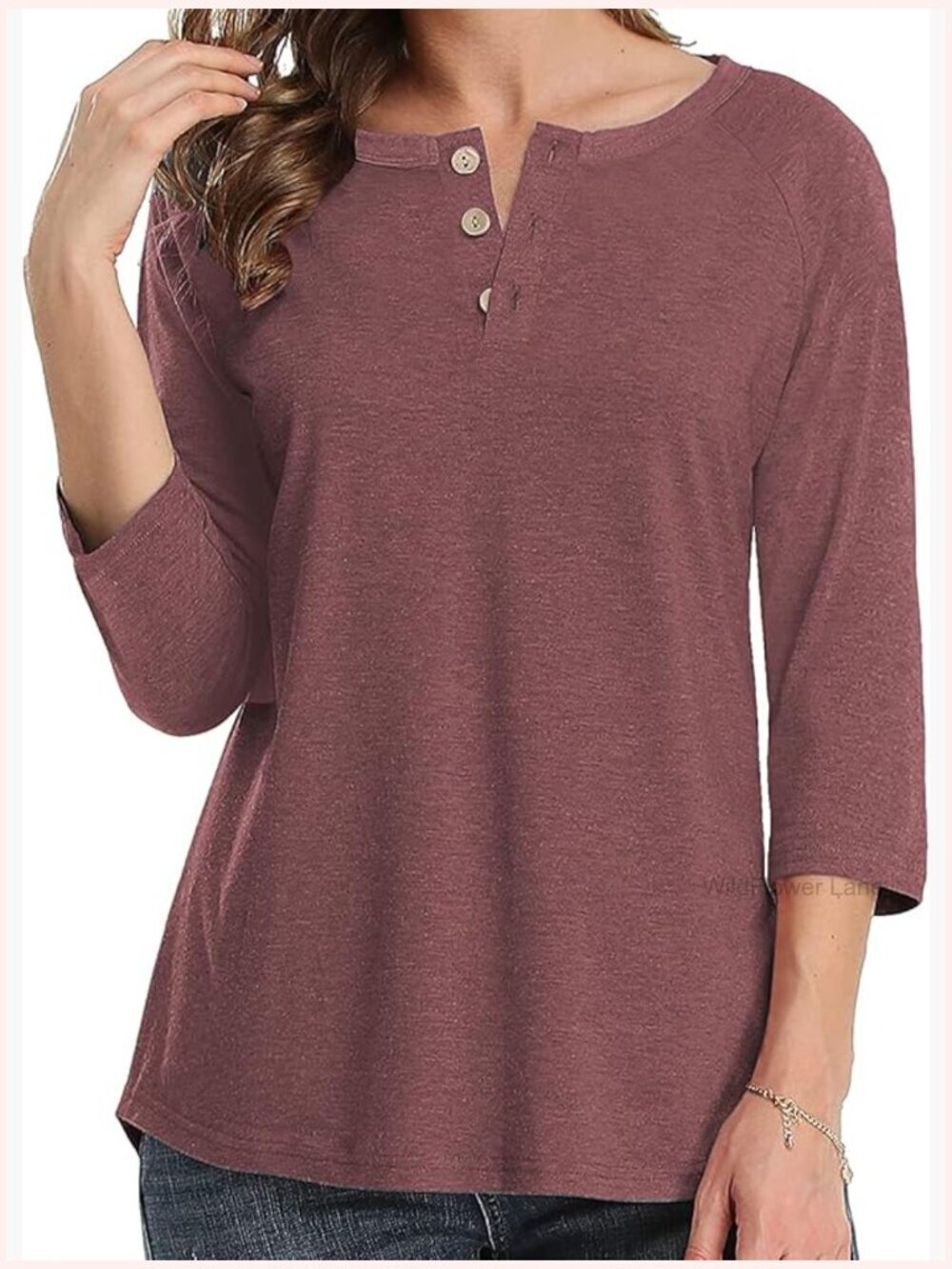3/4 Sleeve Raglan Tunic Henley Button Blouse Color Block Tops